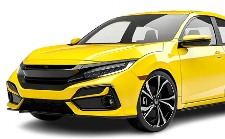 Koyu renkli bir arka planda, sportif tasarıma sahip parlak sarı modern bir sedan, şık farlar ve alaşım jantlar.